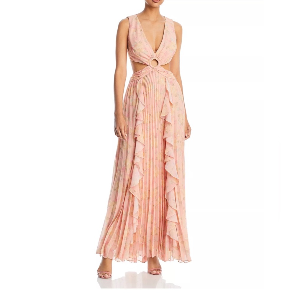 Aqua Floral Print Cutout Gown